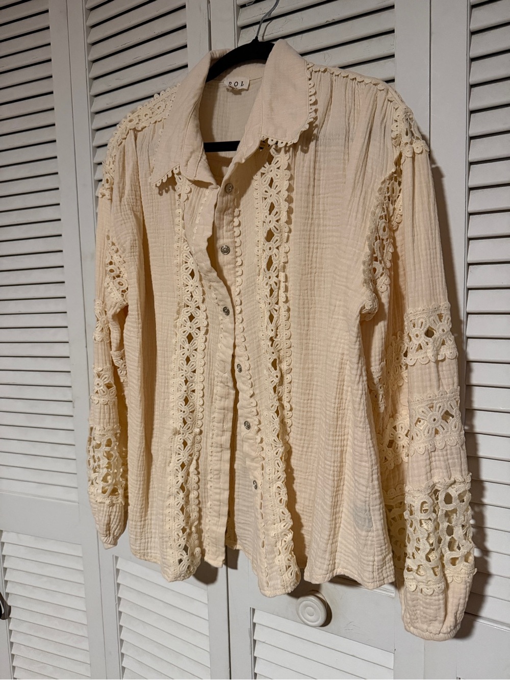 Three Bird Nest Cream Crochet-Trim Button Down Shirt